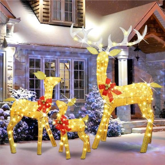 Set of 3 Pre-lit Golden Reindeer with 210 LEDs Warm White Lights - Picture 1 of 7